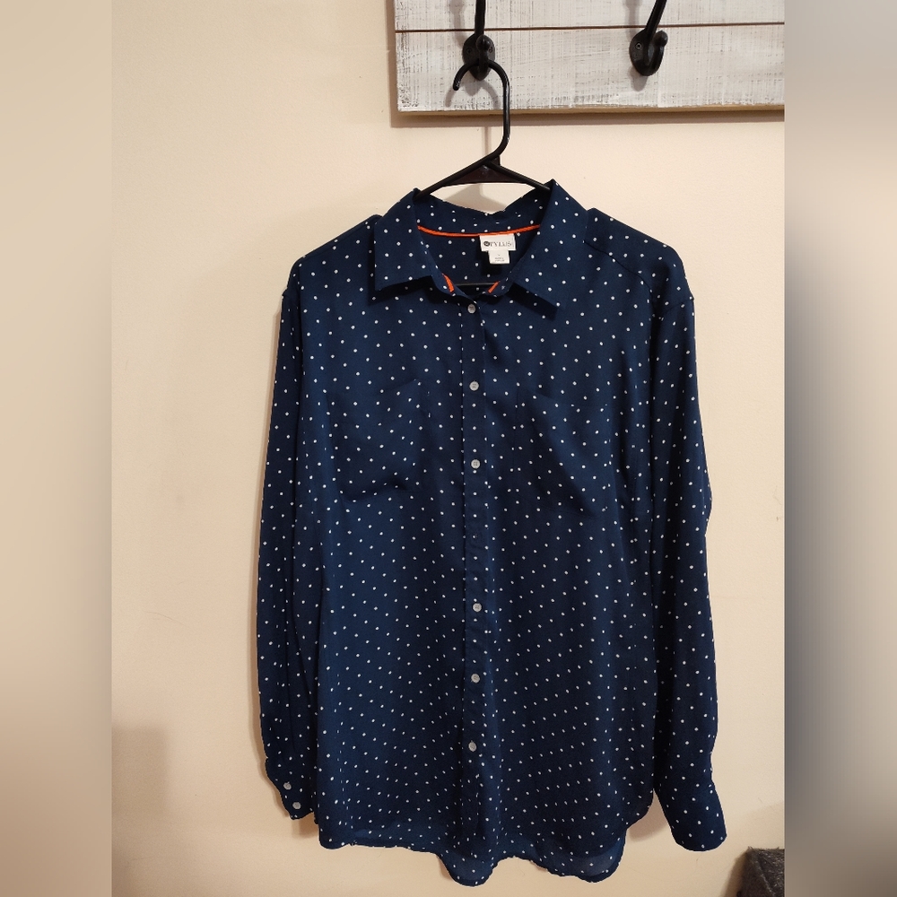 Stylus Navy Button Down With White Polka Dots